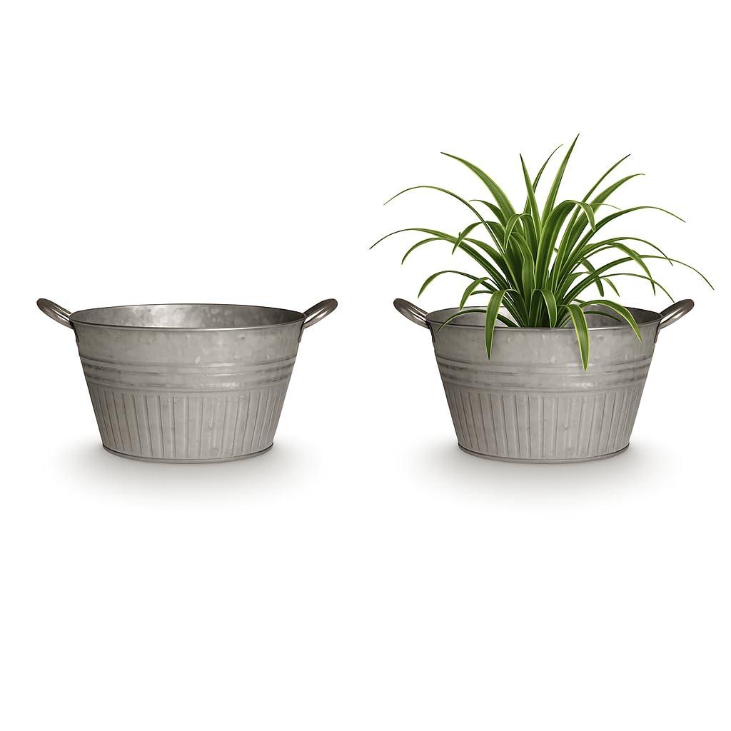 14" Galvanized Silver Round Metal Tub Planter