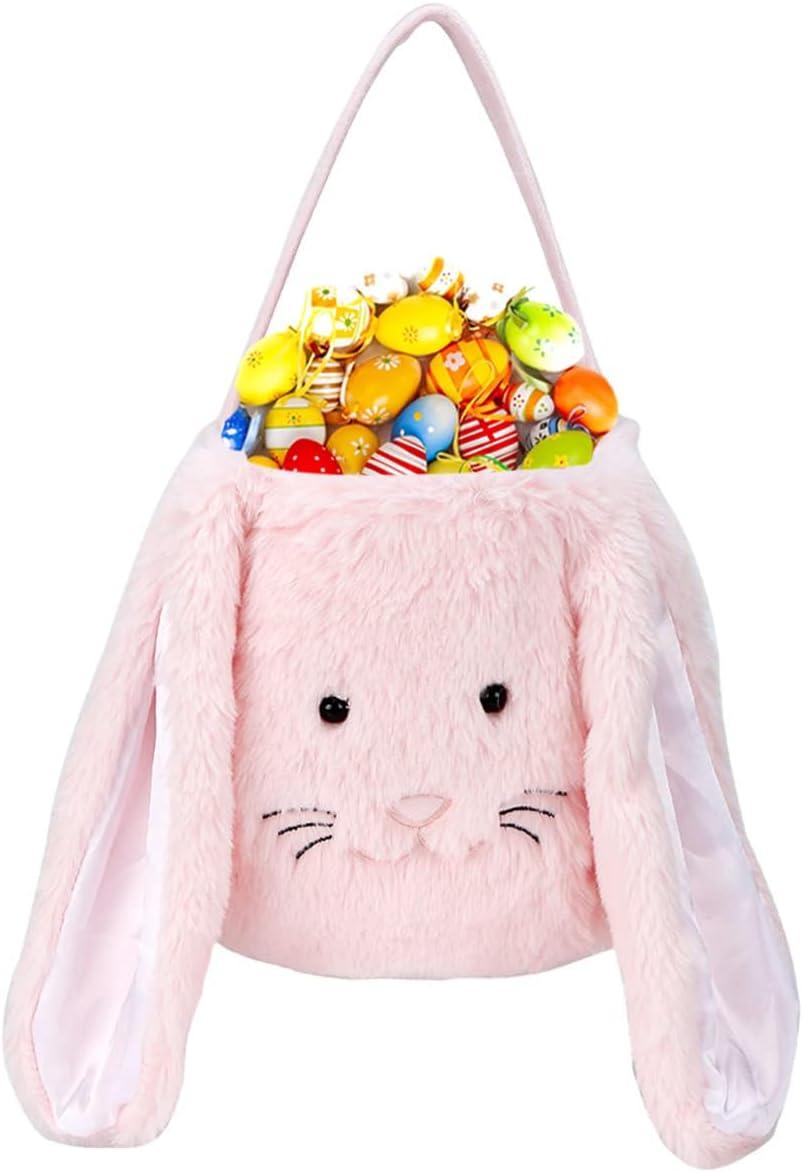 Easter Bunny Tote Bag, Cute Fuzzy Rabbit Ears Soft Plush Candy Handle Bag Eggs Basket Gift Bag for Kids Holiday Decorations
