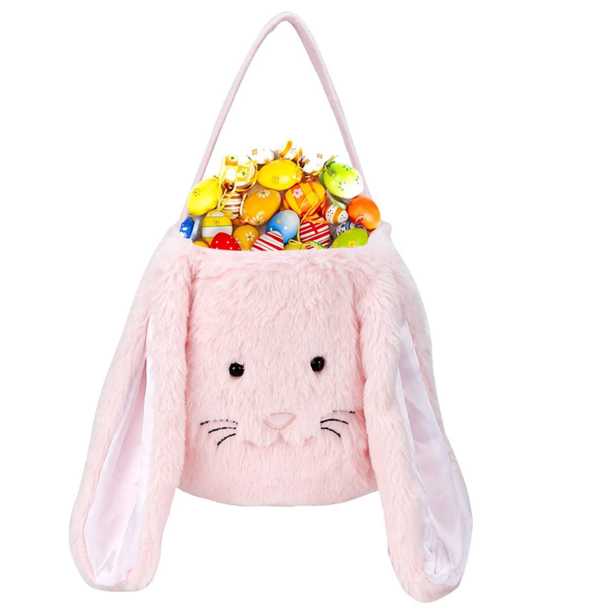 Easter Bunny Tote Bag, Cute Fuzzy Rabbit Ears Soft Plush Candy Handle Bag Eggs Basket Gift Bag for Kids Holiday Decorations