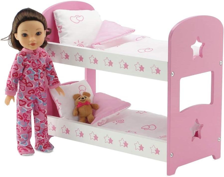 Emily Rose 14.5 Inch Doll Furniture Lovely Pink And W Hite Star Themed 14 inch Doll Bunk Bed, Includes Reversible Bedding