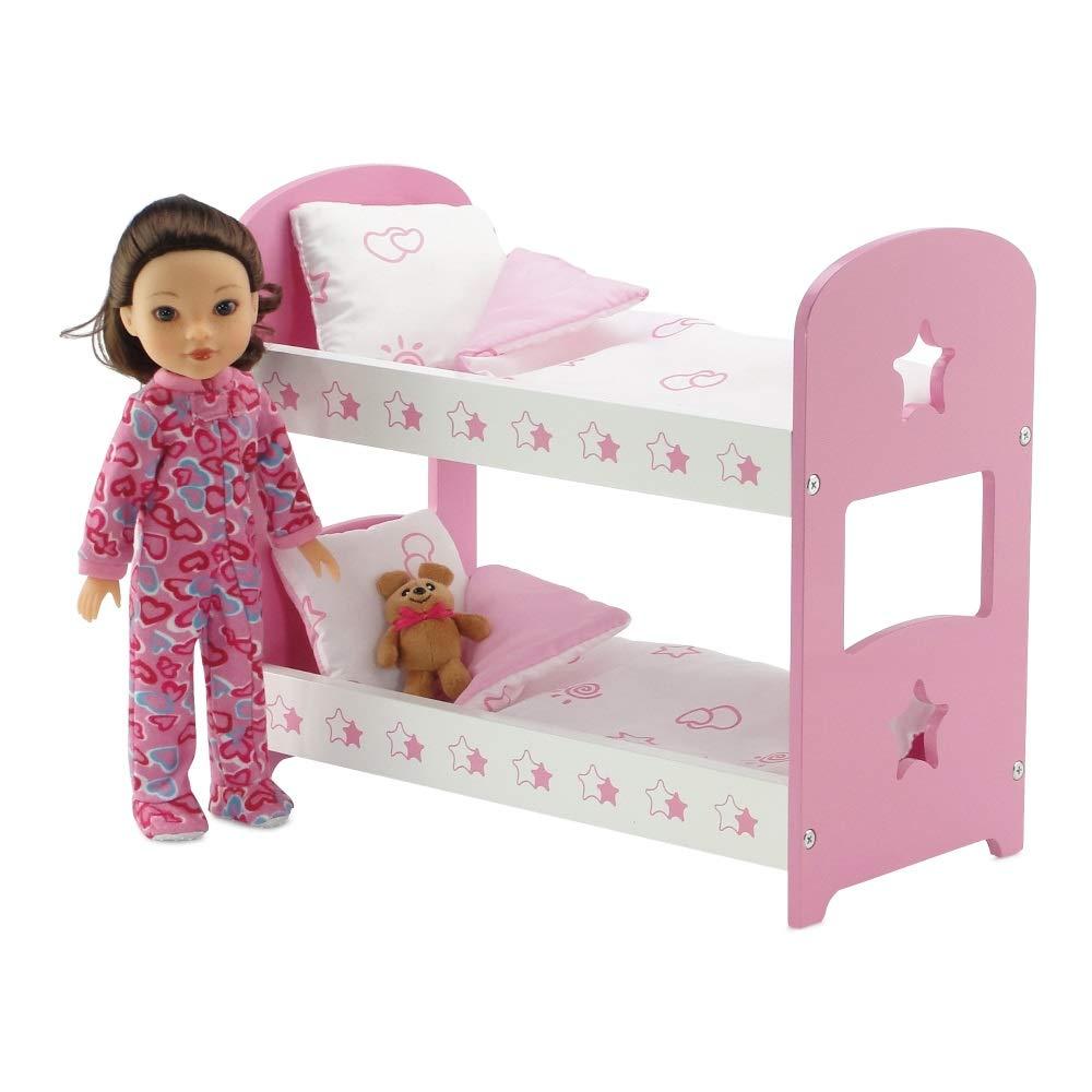 Emily Rose 14.5 Inch Doll Furniture Lovely Pink And W Hite Star Themed 14 inch Doll Bunk Bed, Includes Reversible Bedding