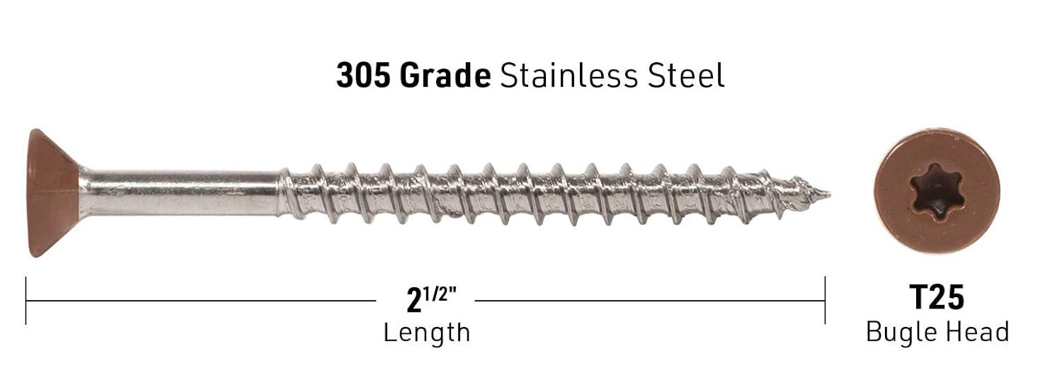 DeckWise #10x2-1/2" Brown Bugle-Head All-Purpose Screws, 305 Stainless Steel T15 Deck Screws Cover 100 Sq. Ft. of Decking (350 Pack)
