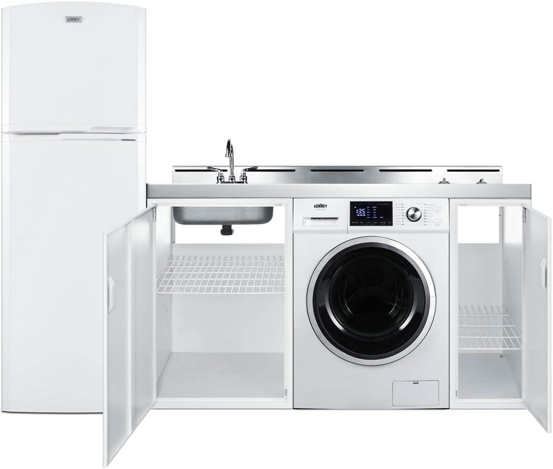 All-in-one combination kitchenette with full-sized refrigerator-freezer, 115V combo washer/dryer, sink, storage cabinet, and 2-burner coil cooktop