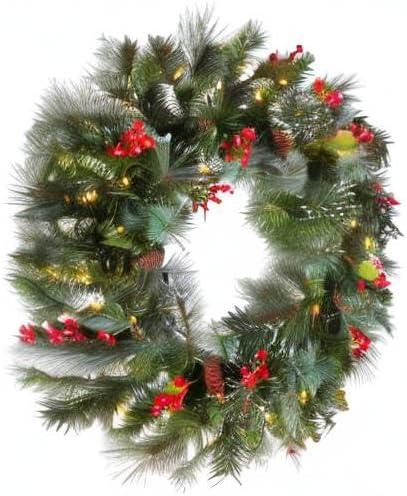 24" Prelit Wintry Pine Christmas Wreath with Cones and Berries White Lights - National Tree Company