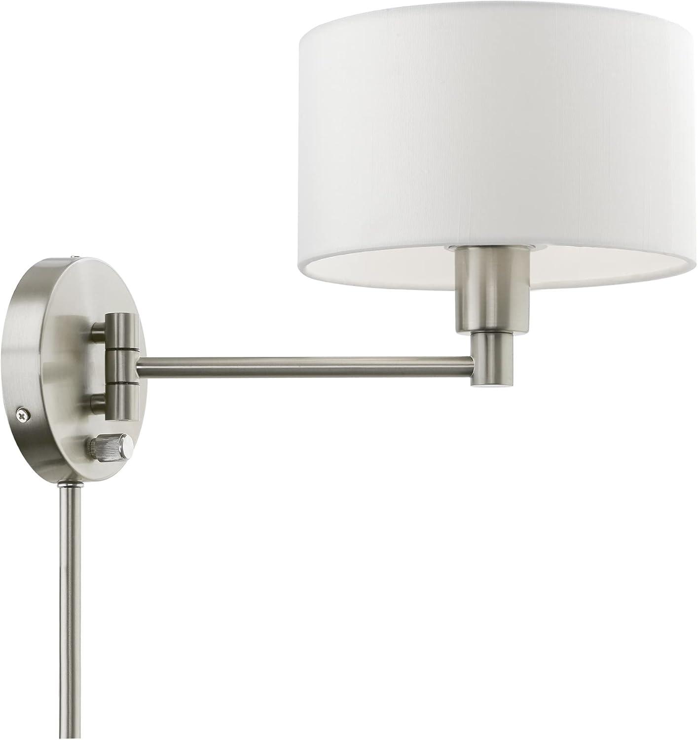 Transitional Brushed Nickel Swing Arm Wall Lamp with Off-White Shade