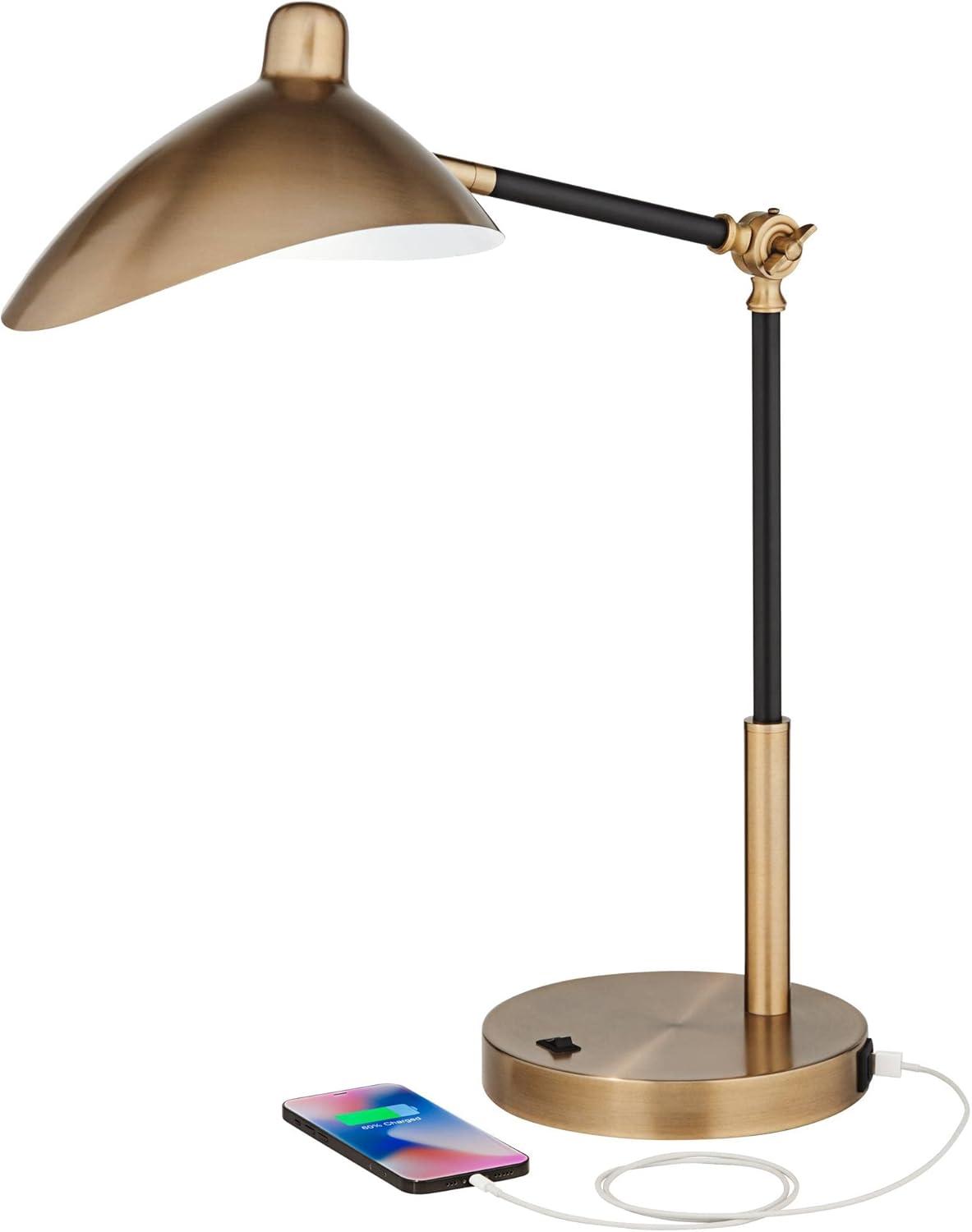 360 Lighting Colborne Modern Mid Century Desk Table Lamp 28" Tall Antique Brass Black with USB Charging Port LED for Bedroom Living Room Bedside Kids