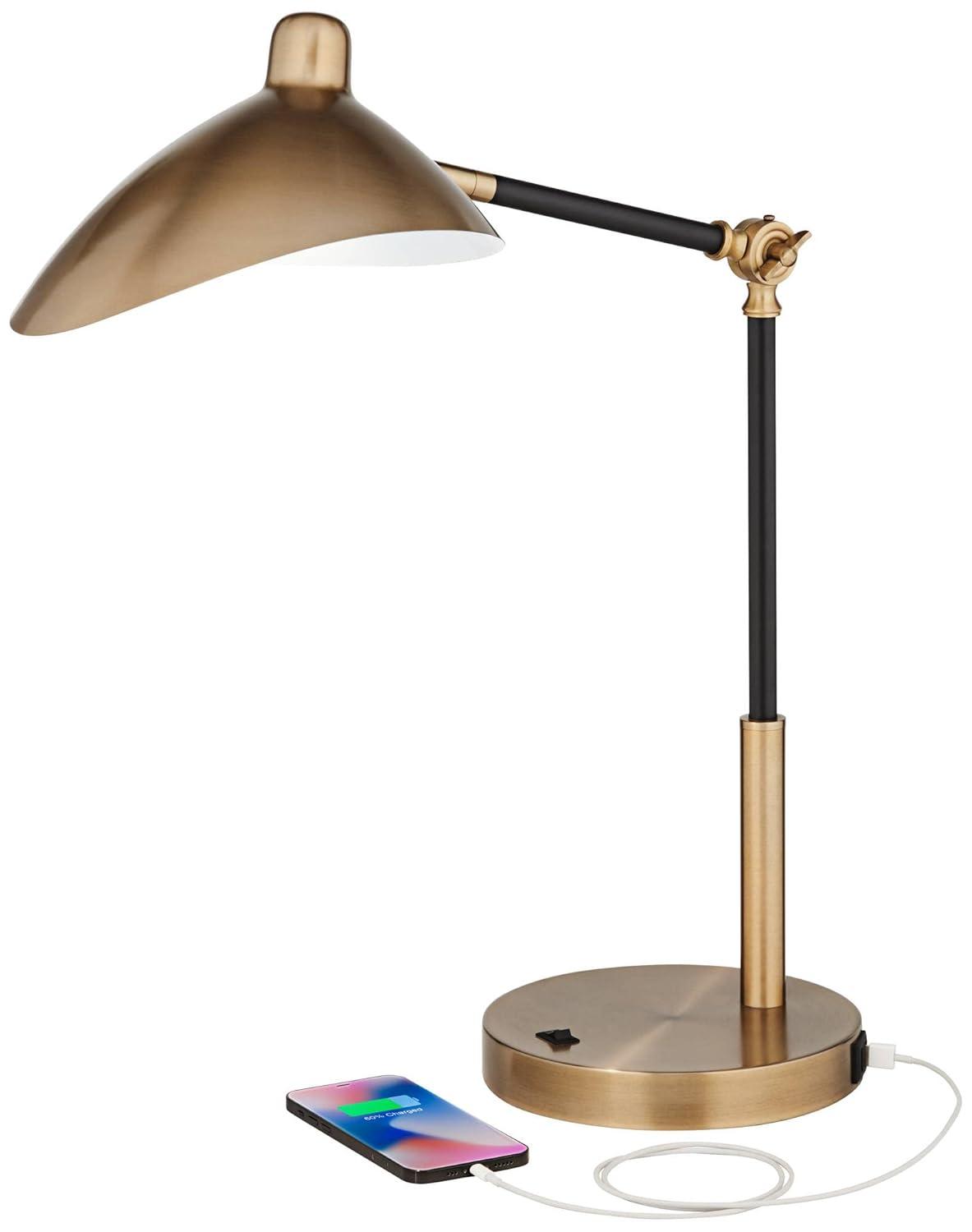 360 Lighting Colborne Modern Mid Century Desk Table Lamp 28" Tall Antique Brass Black with USB Charging Port LED for Bedroom Living Room Bedside Kids