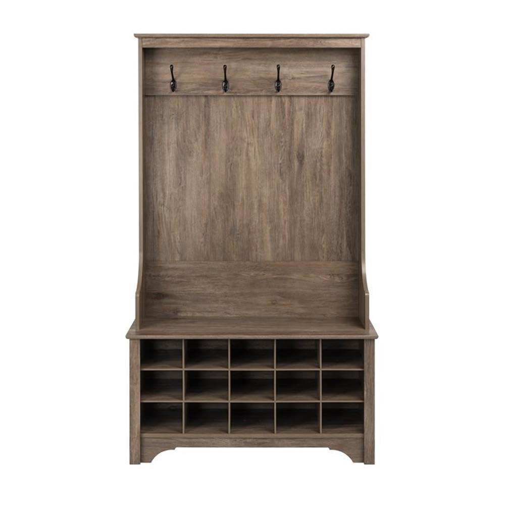 Prepac Hall Tree with Shoe Storage Drifted Gray : Entryway Organizer, Mudroom Bench, 4 Hooks, 15 Cubbies
