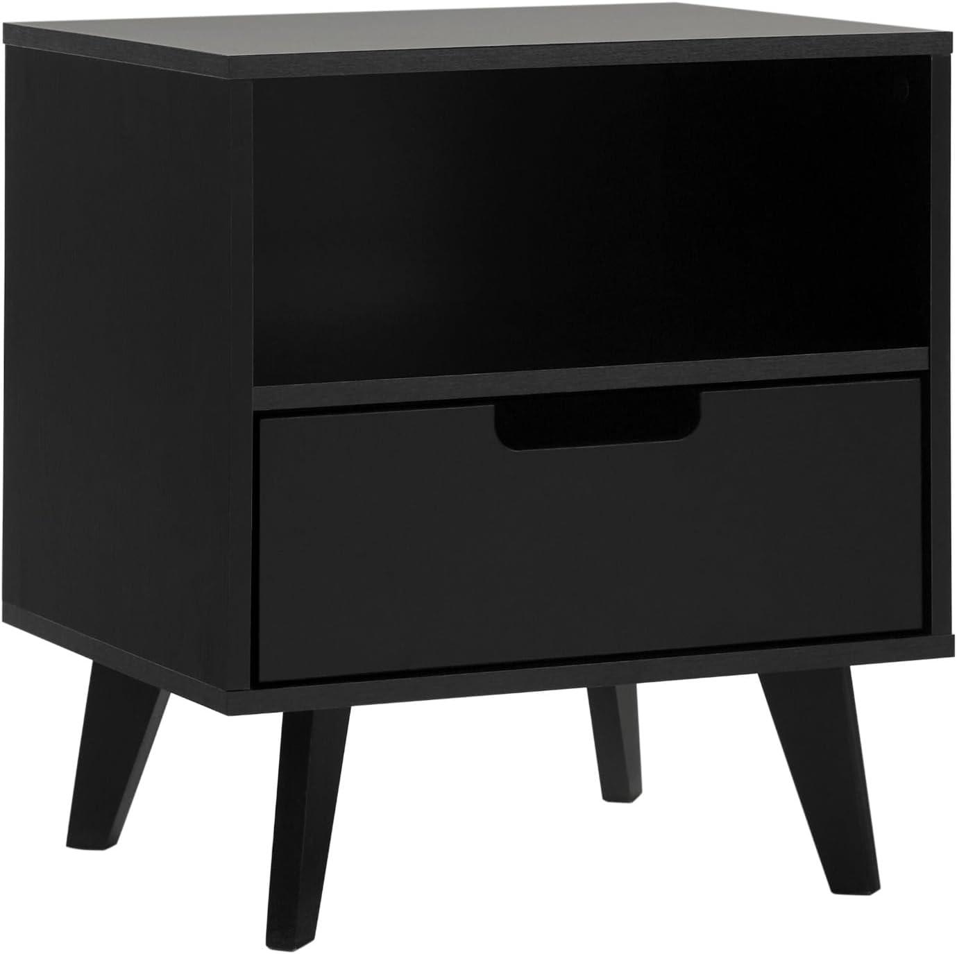 Black Mid-Century Modern 1-Drawer Nightstand with Open Cubby