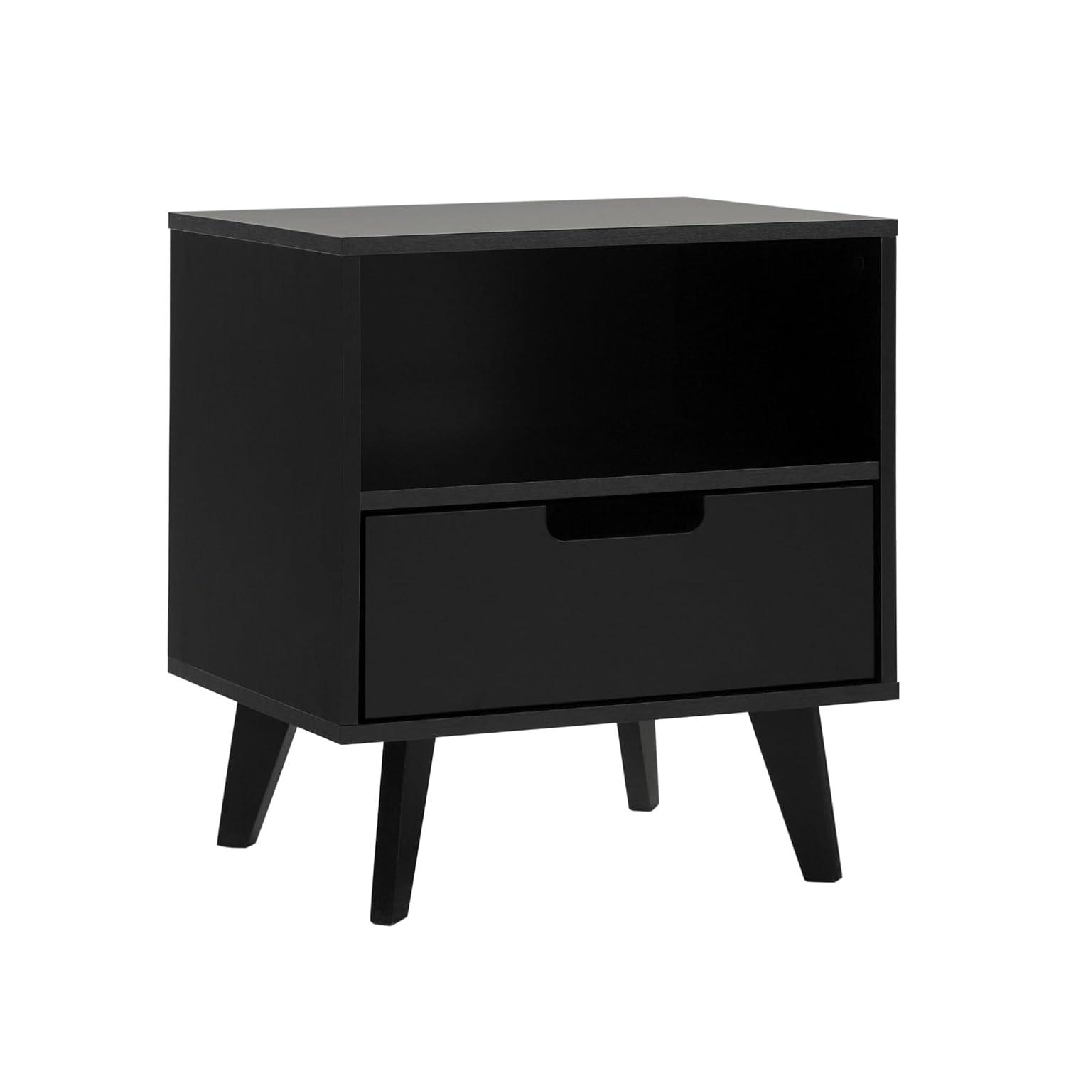 Black Mid-Century Modern 1-Drawer Nightstand with Open Cubby