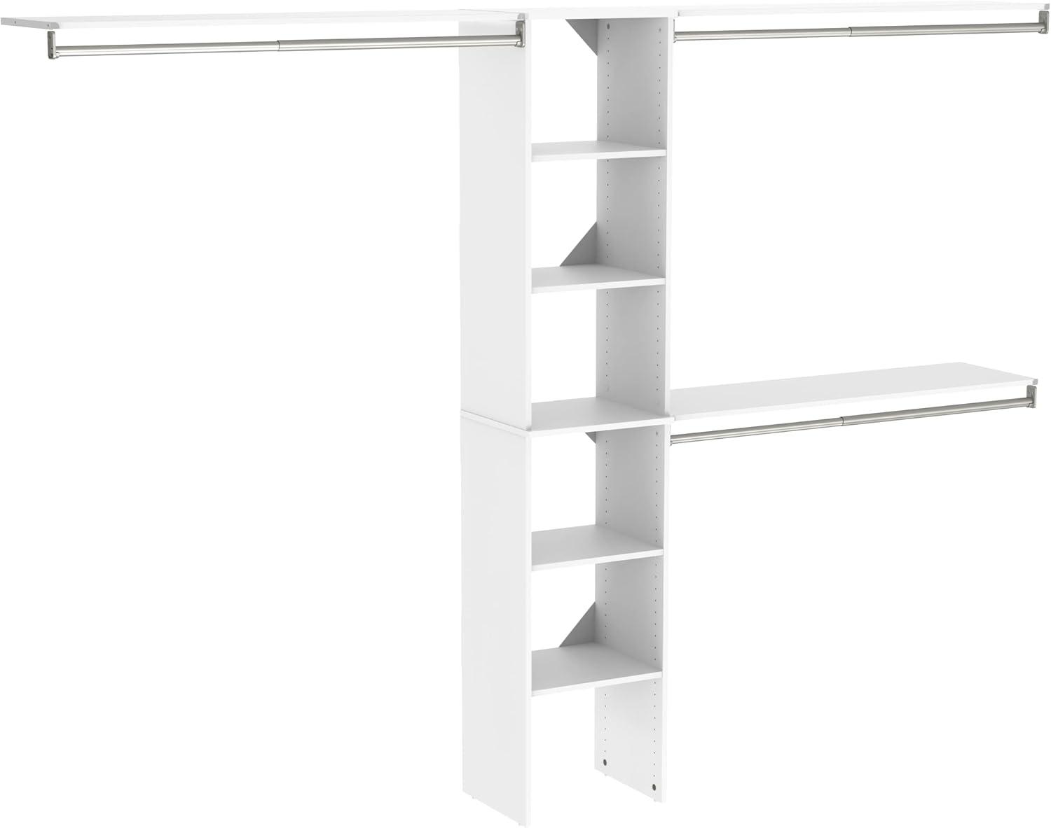 White Laminate Closet Organizer Kit with Shelves and Hanging Rods