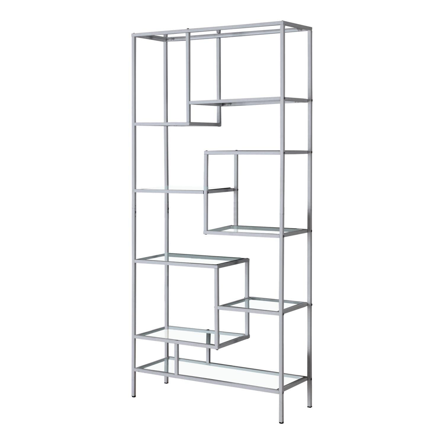 Monarch Specialties Bookshelf Bookcase Etagere 72InchH Office Bedroom Metal Tempered Glass Grey Clear Contemporary Modern