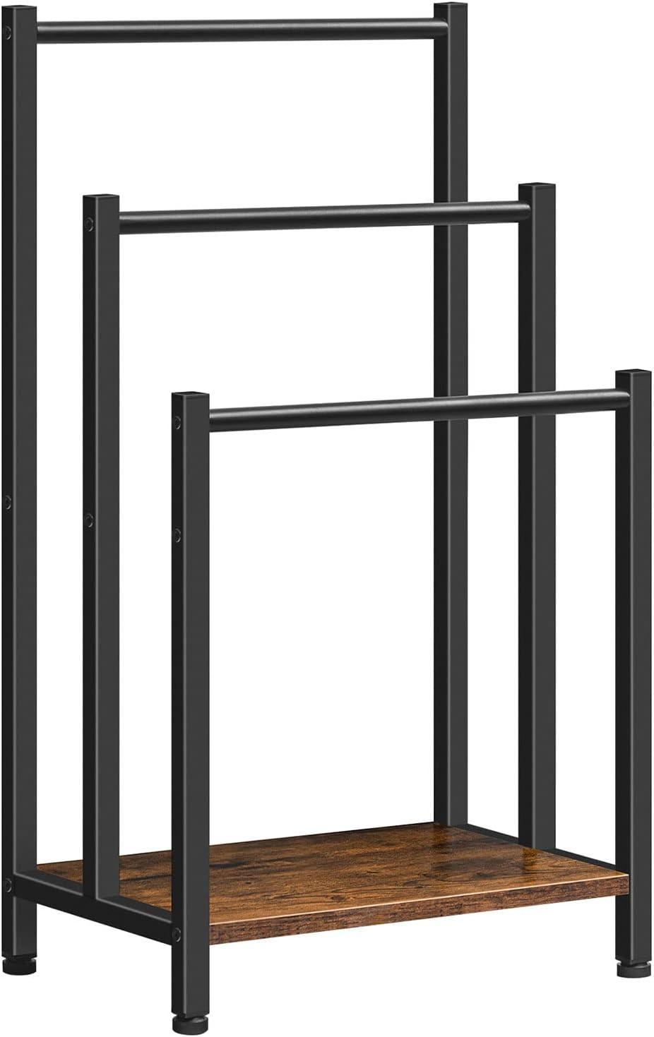 HOOBRO Free Standing Towel Rack, 3 Tier Blanket Rack, Blanket Holder for Bathroom, 16.9" L x 11" W x 31.9" H, Industrial Metal Drying and Display Rack with Shelf, Rustic Brown and Black BF03LB01