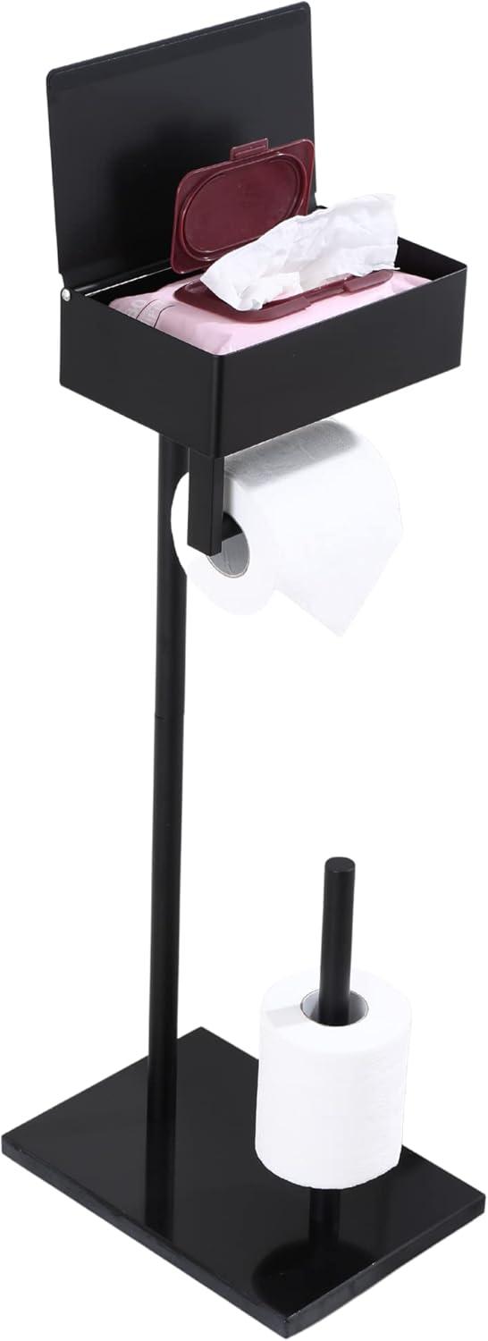 Matte Black Stainless Steel Free Standing Toilet Paper Holder with Storage