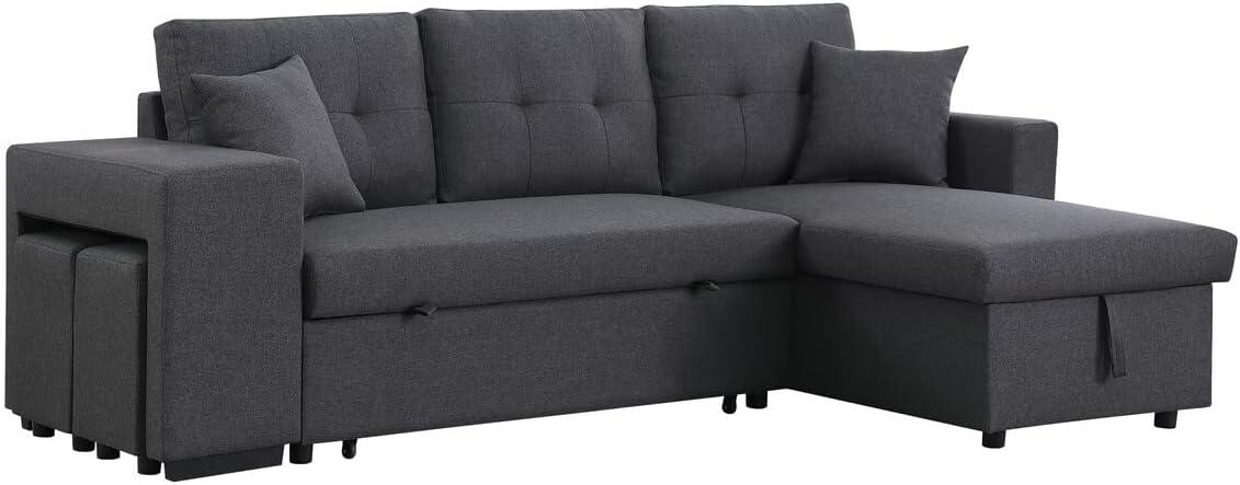 Dennis 57.5'' Dark Gray Linen Tufted Sleeper Sectional with Storage