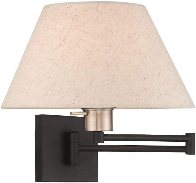 Classic Black Swing Arm Wall Lamp with Oatmeal Fabric Shade