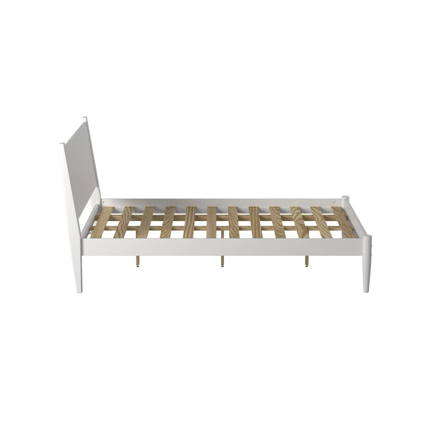 Camaflexi Mid Century Platform Bed Wood Panel Bed Frame with Headboard, Queen, White