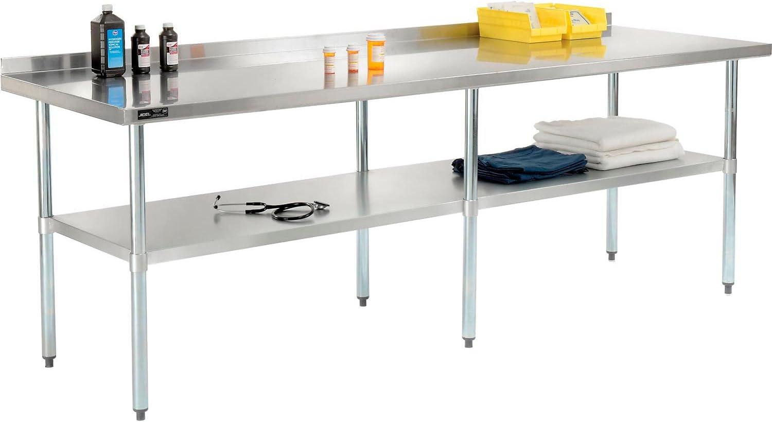 Nexel 96"W x 30"D 18 Gauge 430 Stainless Steel Workbench 2" Backsplash, Galvanized Legs & Undershelf