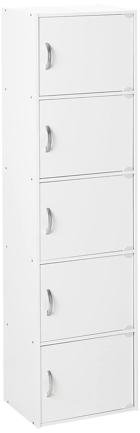 Hodedah HID5 High Quality 5 Shelf Home, Office, and School Enclosed Organization Storage 59 Inch Tall Slim Bookcase Cabinets, White Finish