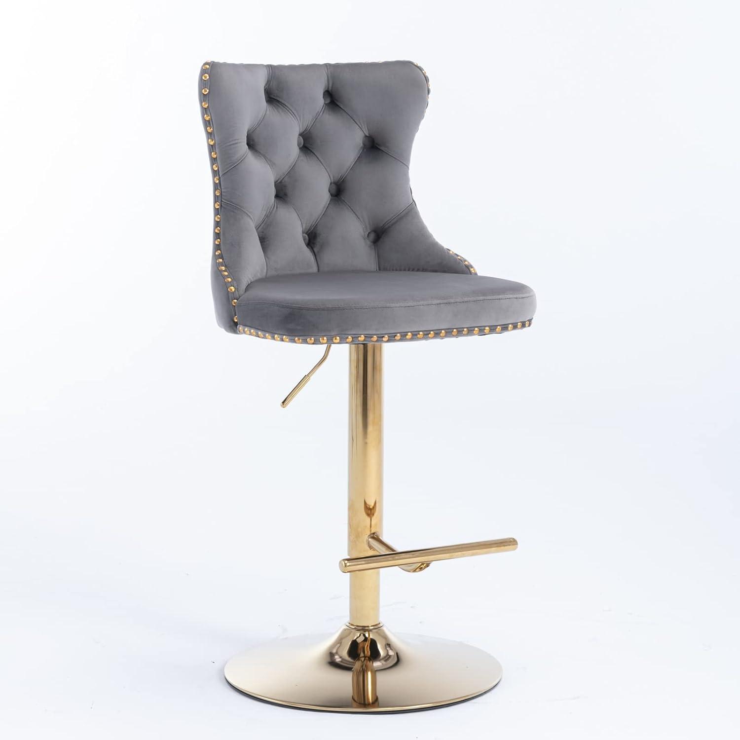 Gray Velvet Adjustable Swivel Bar Stools with Gold Metal Base