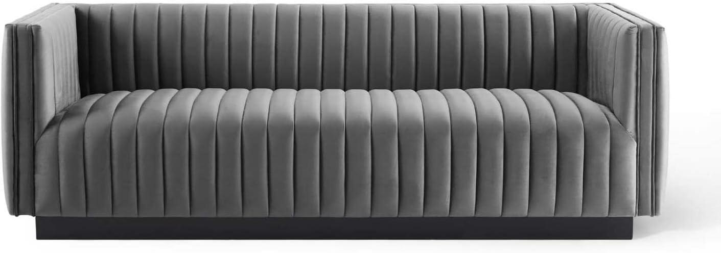 Gray Tufted Velvet Tuxedo Arm Sofa with Wood Base