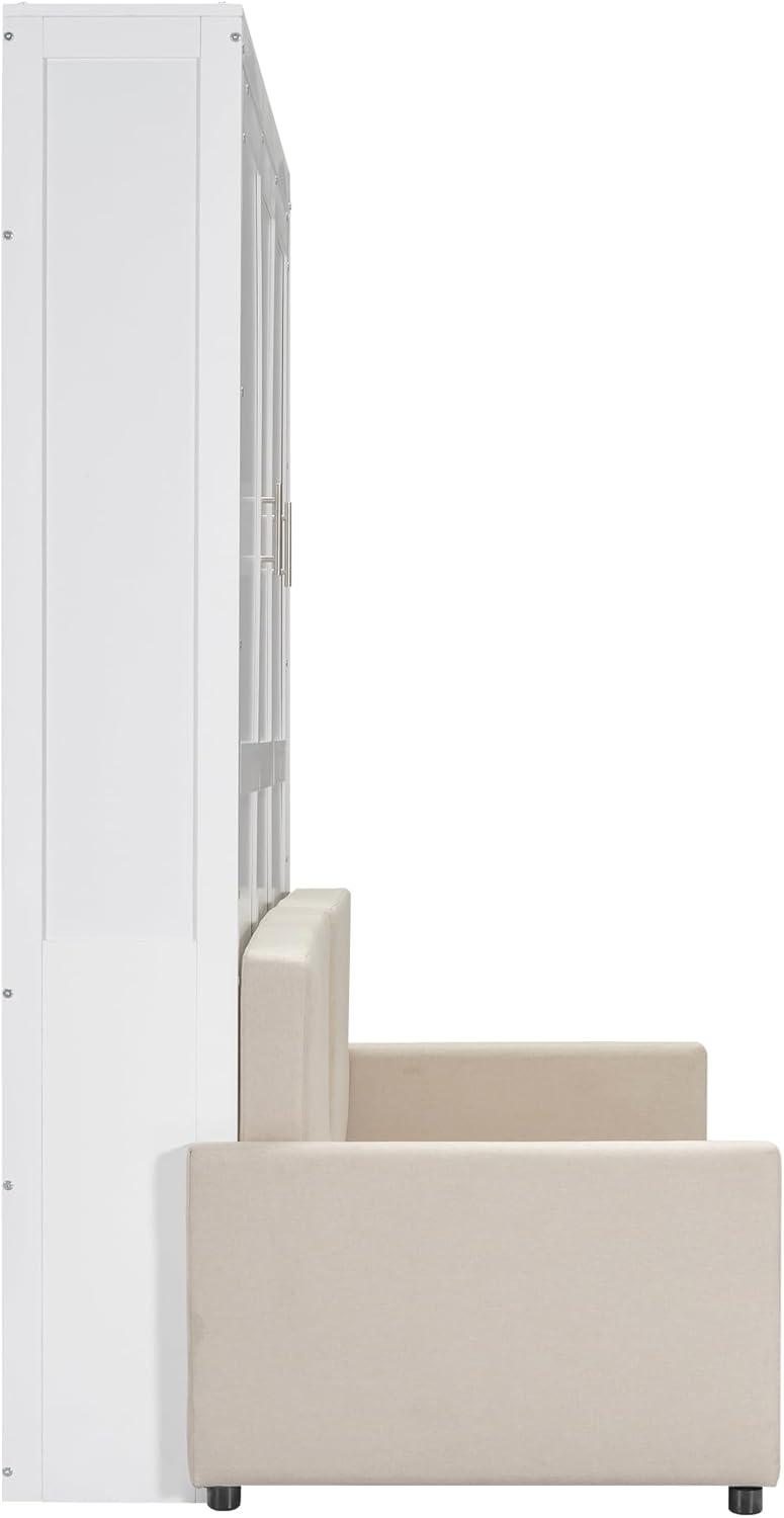 LZ LEISURE ZONE Queen Size Murphy Bed, Wooden Queen Murphy Wall Bed with Cushion and Sofa, for Home Office or Small Room, White