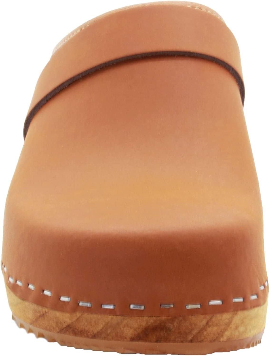 Cognac Genuine Leather Women's Casual Clogs with Wood Outsole