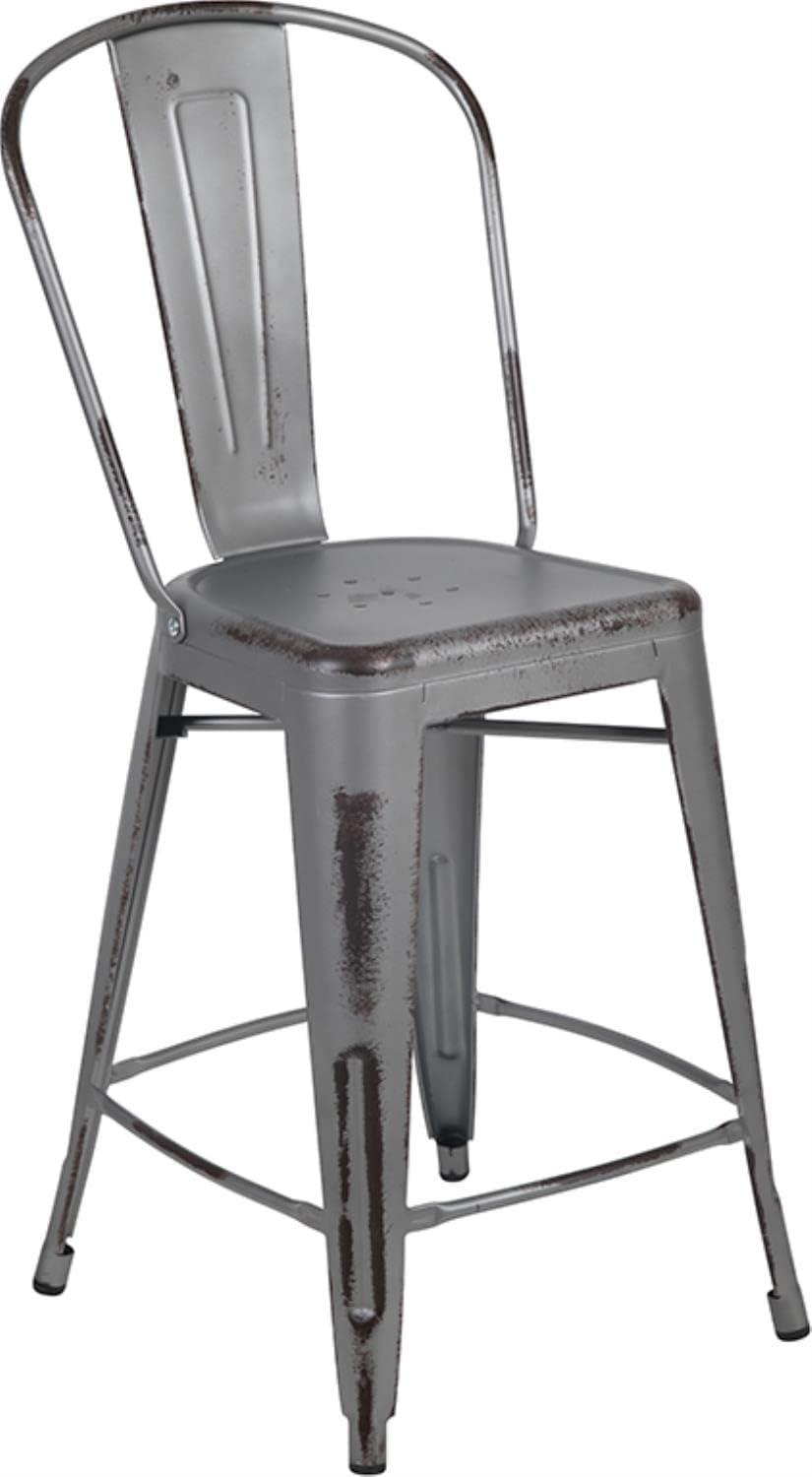 Flash Furniture Commercial Grade 24" High Distressed Silver Gray Metal Indoor-Outdoor Counter Height Stool with Back