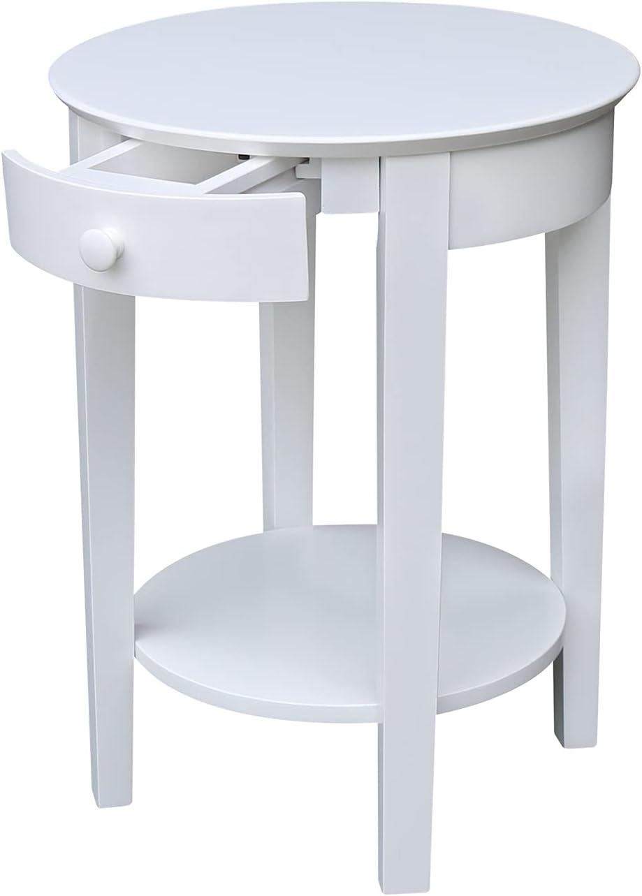 Elegant Round White Parawood Accent Table with Drawer and Shelf