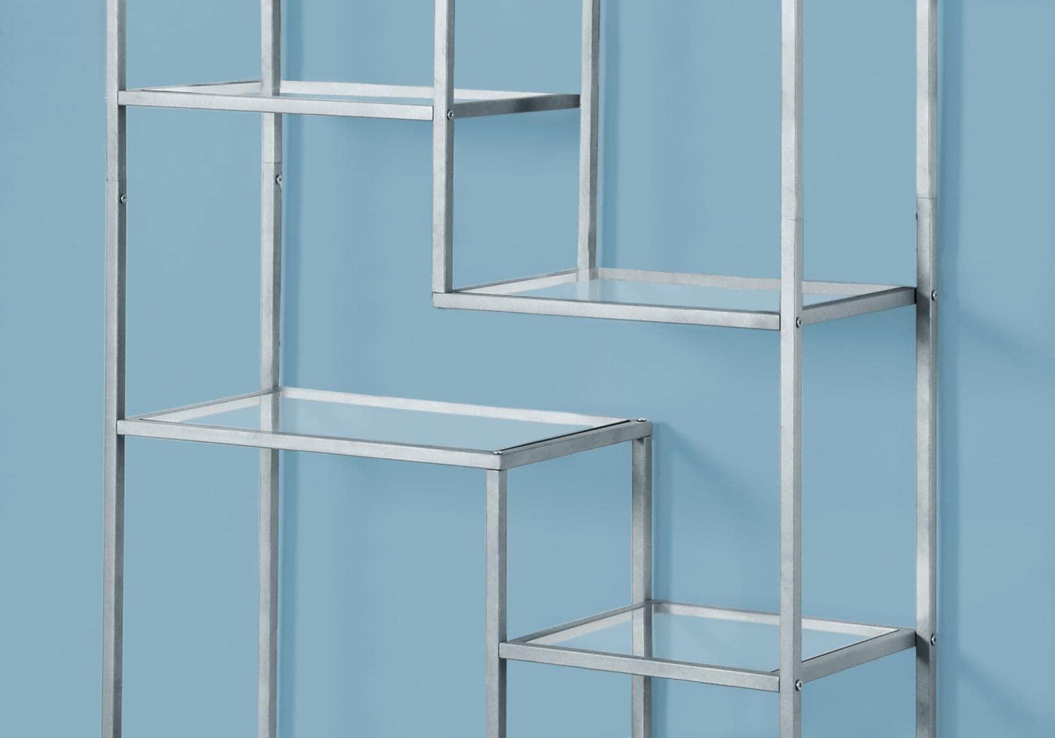 Monarch Specialties Bookshelf Bookcase Etagere 72InchH Office Bedroom Metal Tempered Glass Grey Clear Contemporary Modern