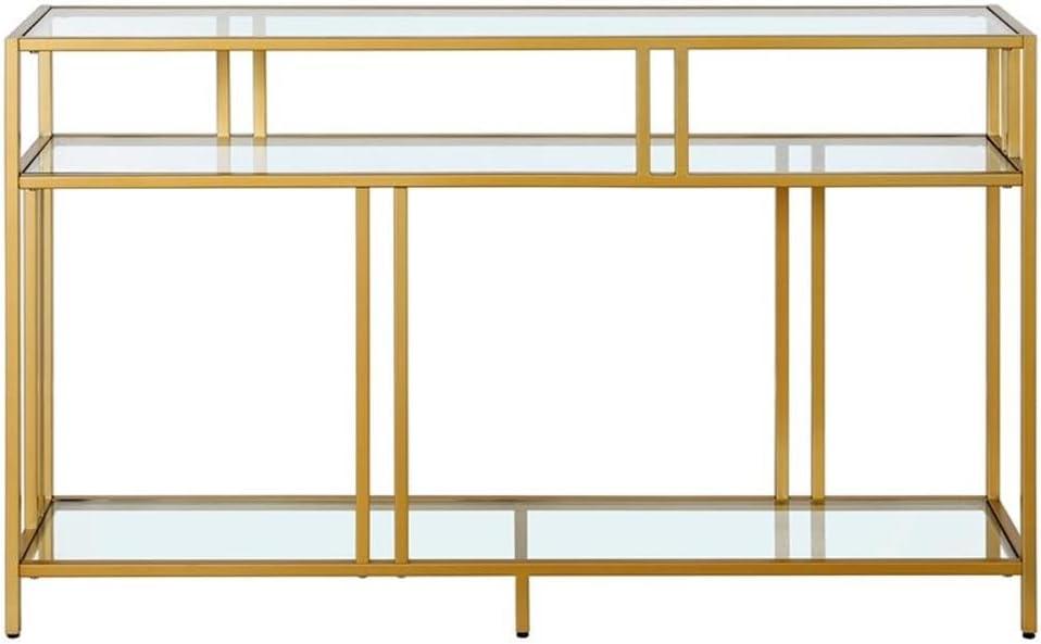 Evelyn&Zoe Cortland 48" Wide Rectangular Console Table with Glass Shelves, Brass