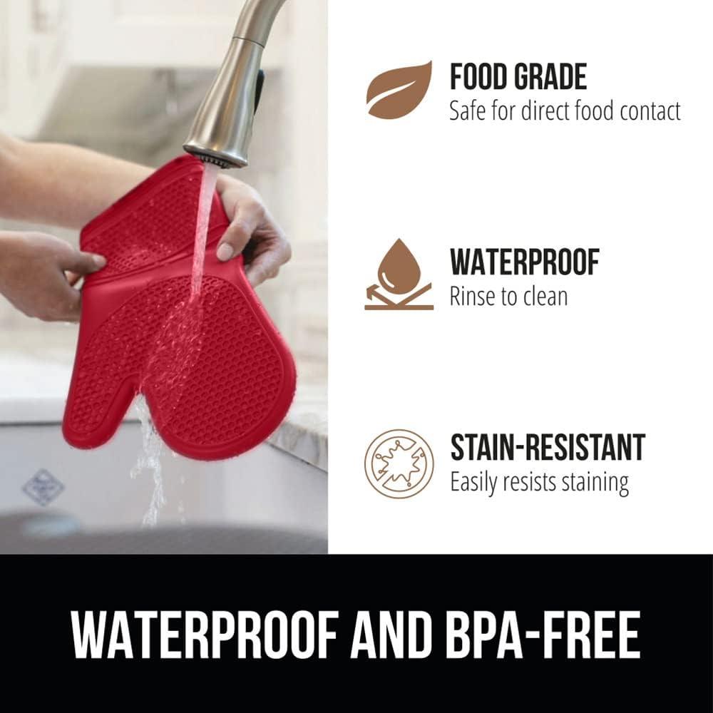 Gorilla Grip Heat and Slip Resistant Silicone Oven Mitts and Trivet Set, Waterproof, BPA-Free Set of 4, Red