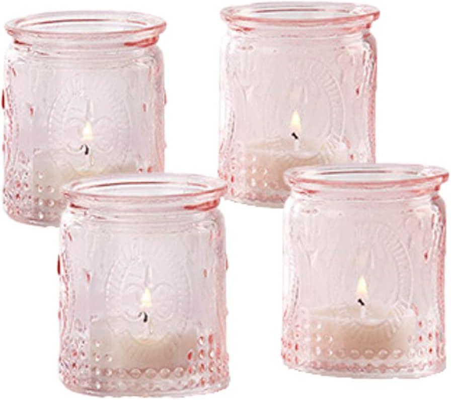 Vintage Pink Embossed Glass Tea Light Holders Set of 4