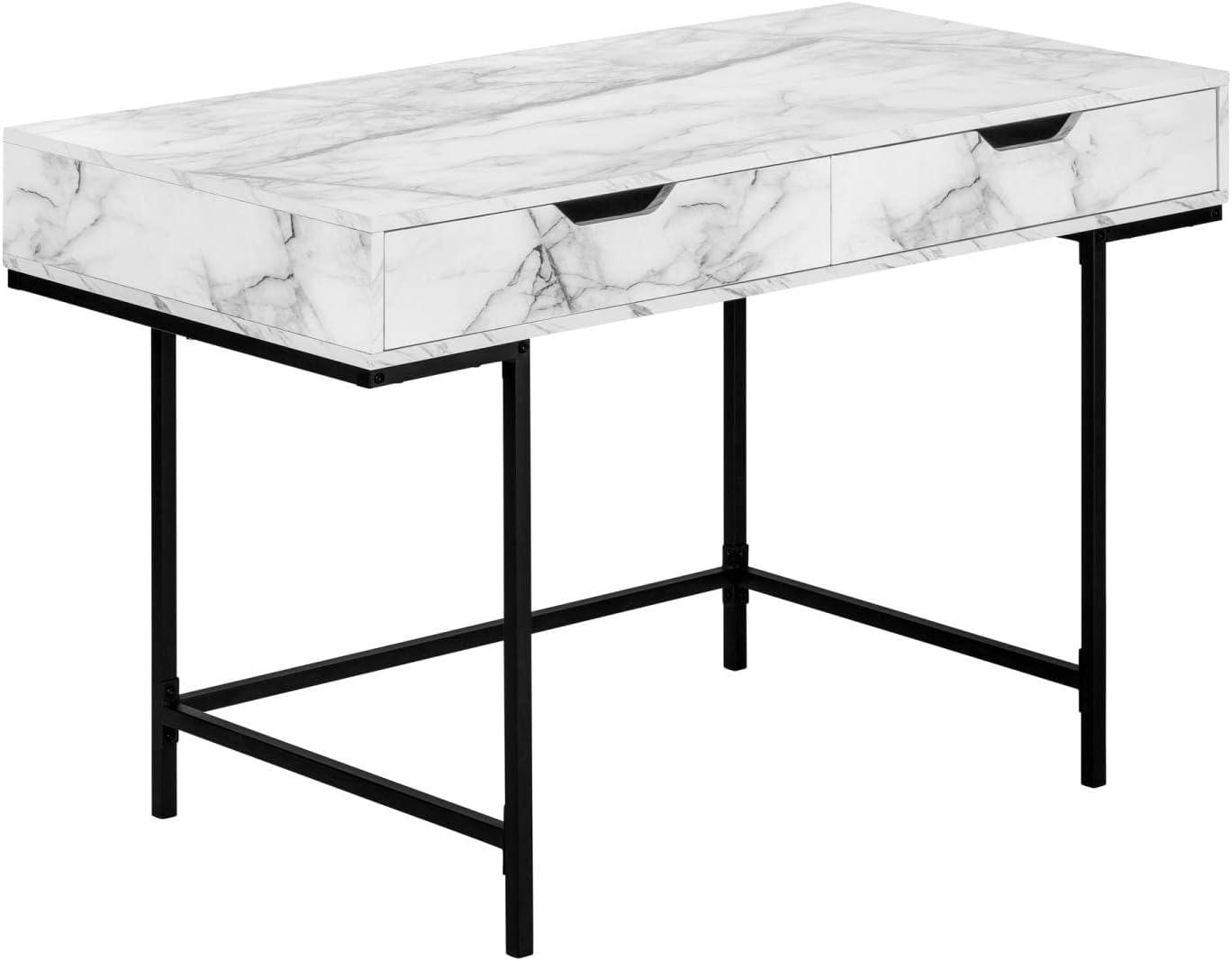 Sleek White Marble-Look Home Office Desk with Black Metal Legs