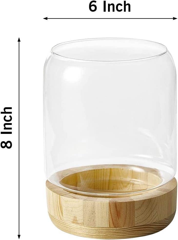 Serene Spaces Living Large Glass Candle Holder Hurricane with Wood Base, Decorative Accent for Wedding, Party, Event, Home Decor, Measures 8" Tall and 6" Diameter