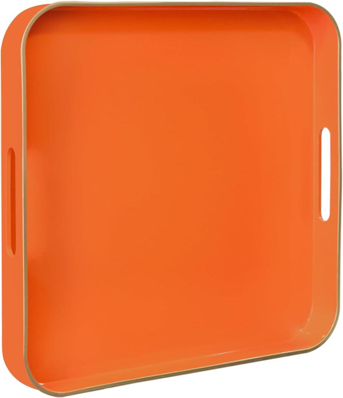 MAONAME Decorative Tray, Orange Serving Tray with Handles, Coffee Table Tray, Square Plastic Tray for Ottoman, Bathroom, Kitchen, 13"x13"x1.57"