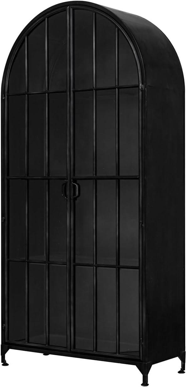 Storied Home Arched 76" Tall Decorative Storage Cabinet Black: Iron Frame, Glass Surface, Fixed Shelves