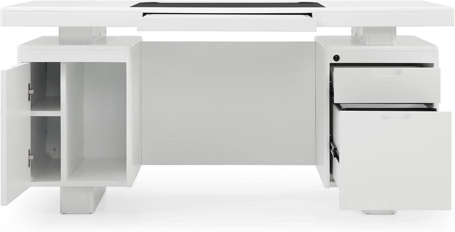 White Lacquer Modern Desk with Black Faux Leather Pad and Storage