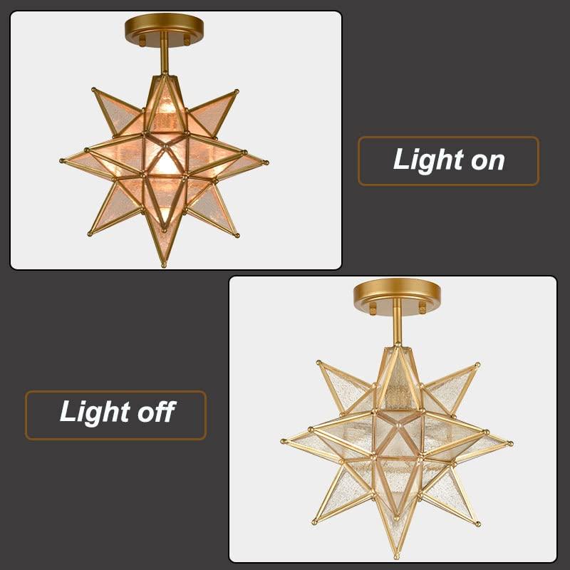 TANMAO  10-Inch Moravian Star Ceiling Light, Boho Moroccan Lamp with Seeded Glass Shade, Moravian Star Ceiling Light Modern Brass Flush Mount Lights for Office, Living Room, Dining Room, Kitchen
