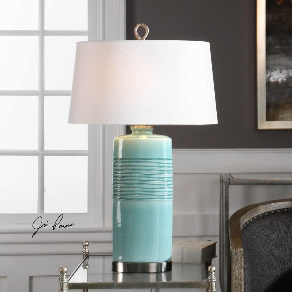 Uttermost Modern Table Lamp 32" Tall Distressed Teal Blue-Green Glaze Linen Fabric Oval Shade for Living Room Bedroom House Home