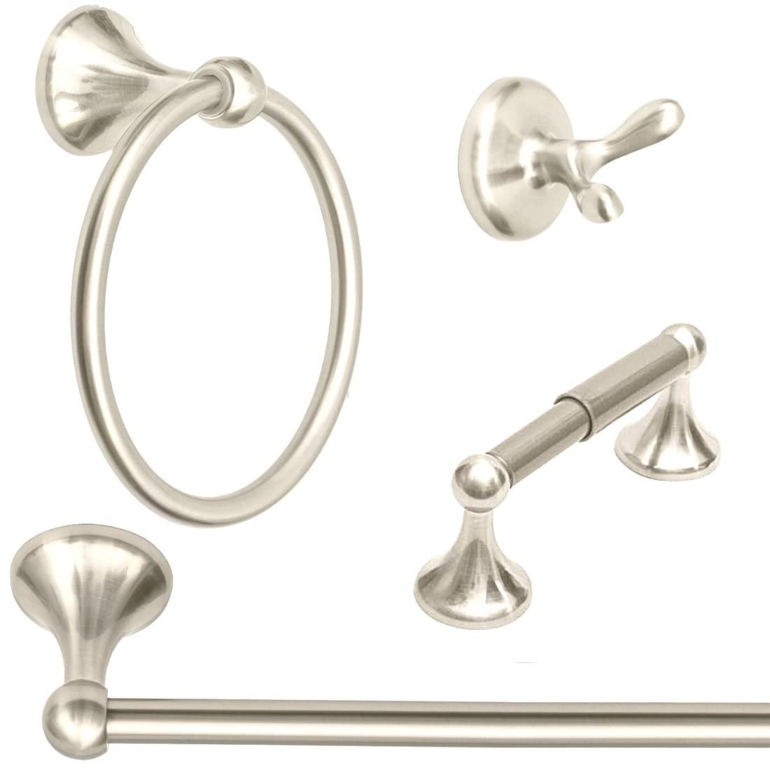 WholesalePlumbing 4-Piece Bathroom Hardware Accessory Set with 24" Towel Bar - Satin Nickel