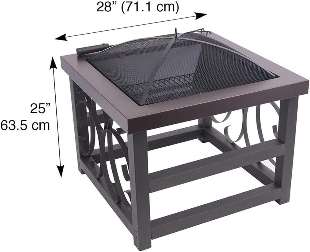 Blue Sky Outdoor Living 28” Square Raised Scroll Fire Pit with Log Grate, Spark Screen, and Lift, Tabletop-Style Steel Fire Pit, Bronze
