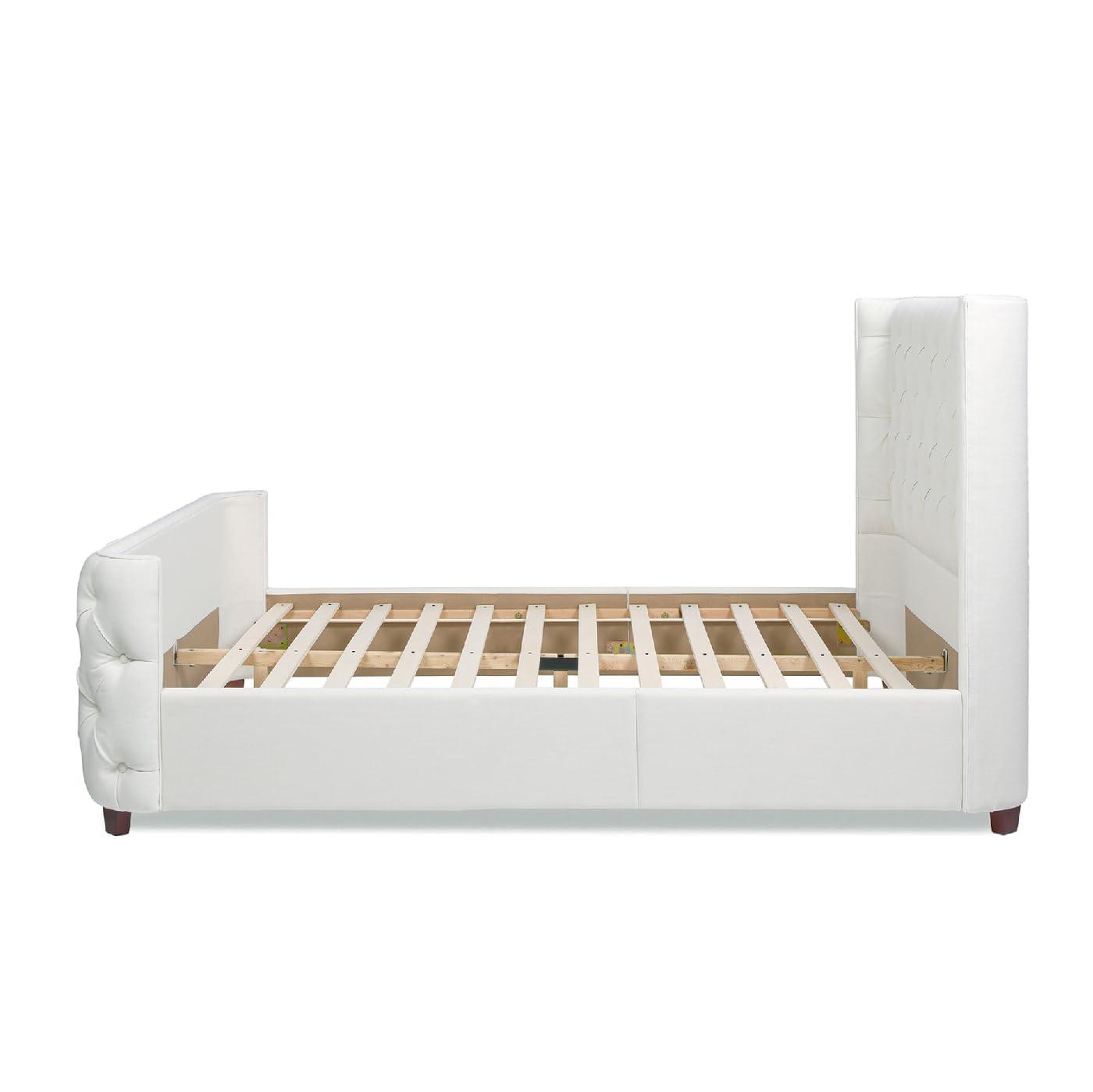 Jennifer Taylor Home Geneva Curved Wing Upholstered Platform Bed Frame, Queen, Antique White Polyester