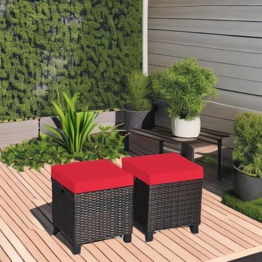 Outdoor Brown Wicker Ottoman with Red Cushions, Set of 2