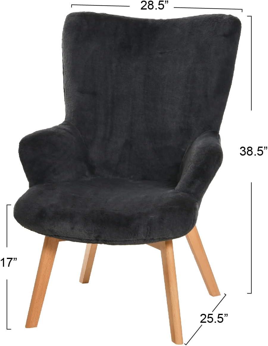 Storied Home Napster Fuzzy Plush Upholstery Wingback Arm Chair with Solid Wood Legs, Dark Grey and Natural