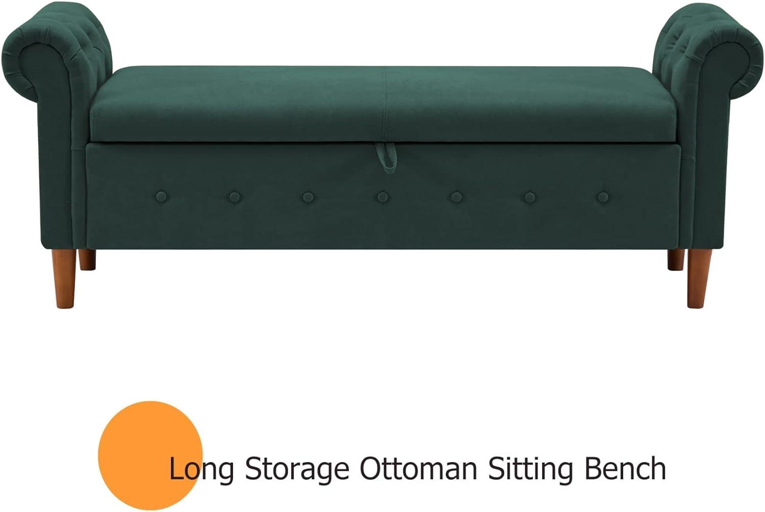 Olive Green Linen Rolled Arm Storage Bench with Wood Legs