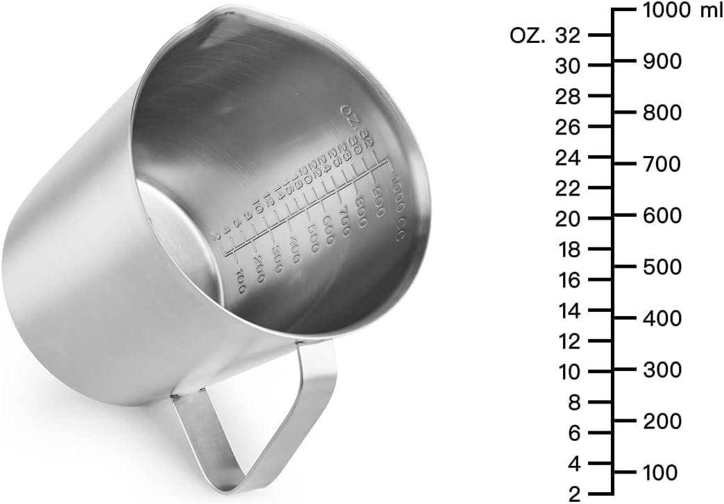 Juvale 32 oz Stainless Steel Measuring Cup with Handle, 1000 ml Metal Pitcher with Ounces and Milliliters Marking