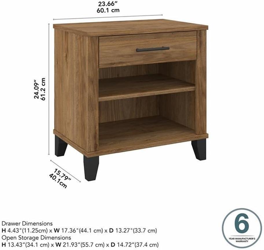 Somerset Nightstand with Drawer and Shelves in Fresh Walnut - Engineered Wood