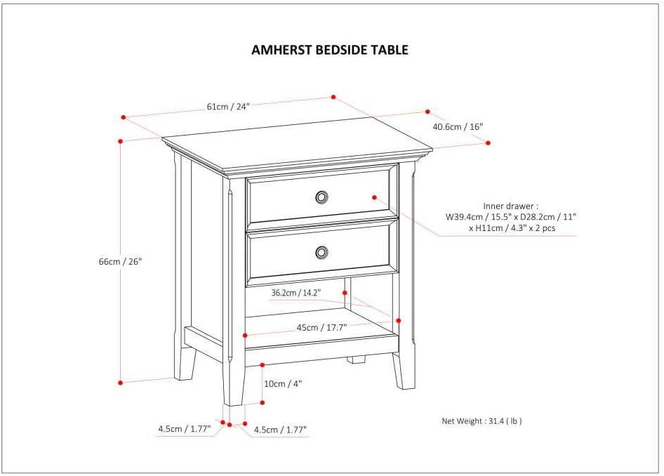 Simpli Home Amherst Wood 24" Transitional Bedside Nightstand Table in Hickory Brown