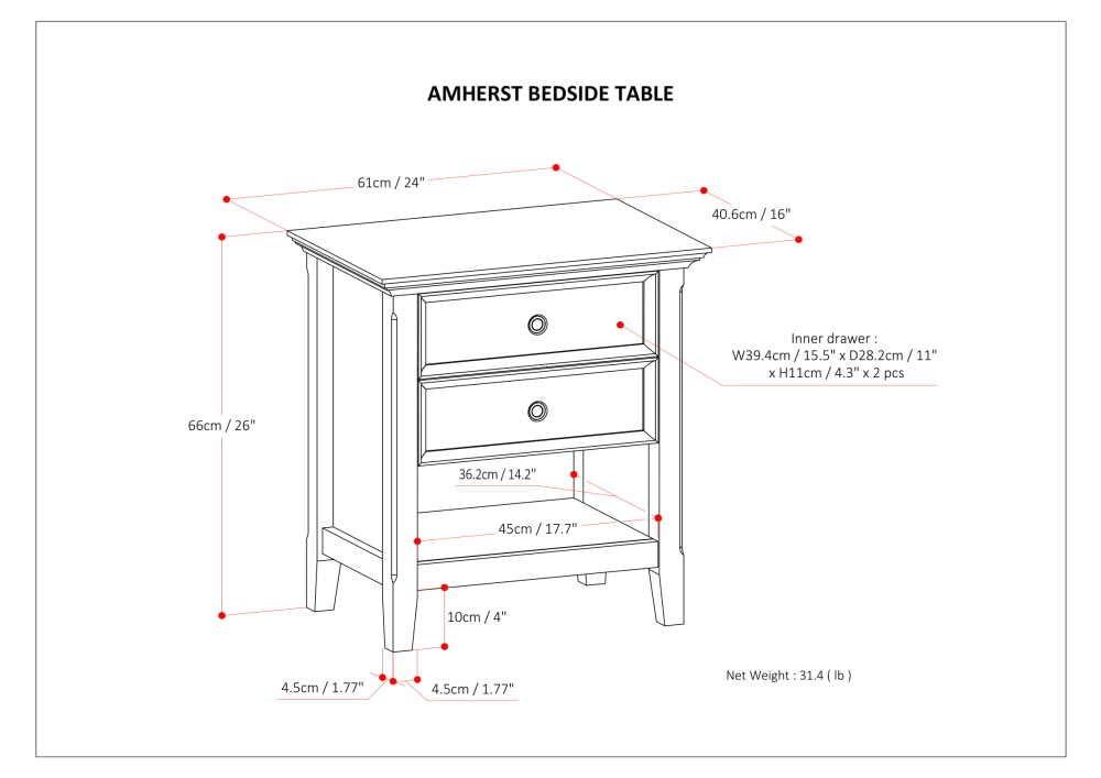 Simpli Home Amherst 24"W 2-Drawer Solid Wood Nightstand with Open Shelf & Reviews | Wayfair